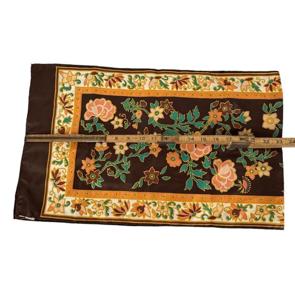 Vintage Lady Heritage Brown Gold Orange Teal Floral Polyester Scarf Made In Japa - Picture 4 of 5